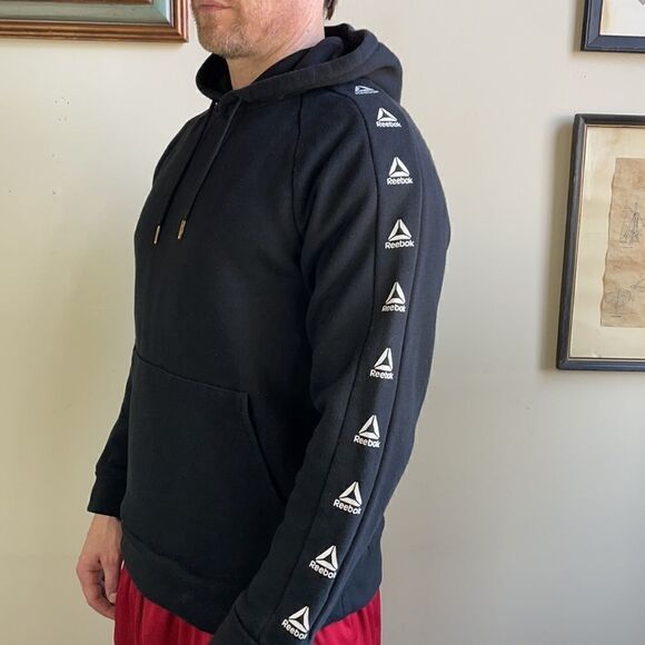 Men’s Reebok Black Pullover Hoodie with Logos and Kangaroo Pocket (Medium) - Picture 7 of 16